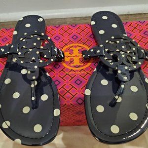 Tory Burch Navy and White Polka Dot Miller Patent Leather Sandals - Size 8 *NWT*